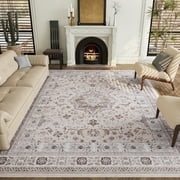 Cocosity 8'x10' Polyester Beige Area Rugs,Vintage Non-Slip Washable Floral Beige Area Rugs for Living Room